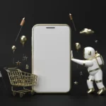 Ilustração de IA no ecommerce com robô, smartphone e carrinho de compras