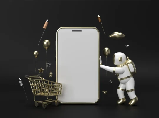 Ilustração de IA no ecommerce com robô, smartphone e carrinho de compras