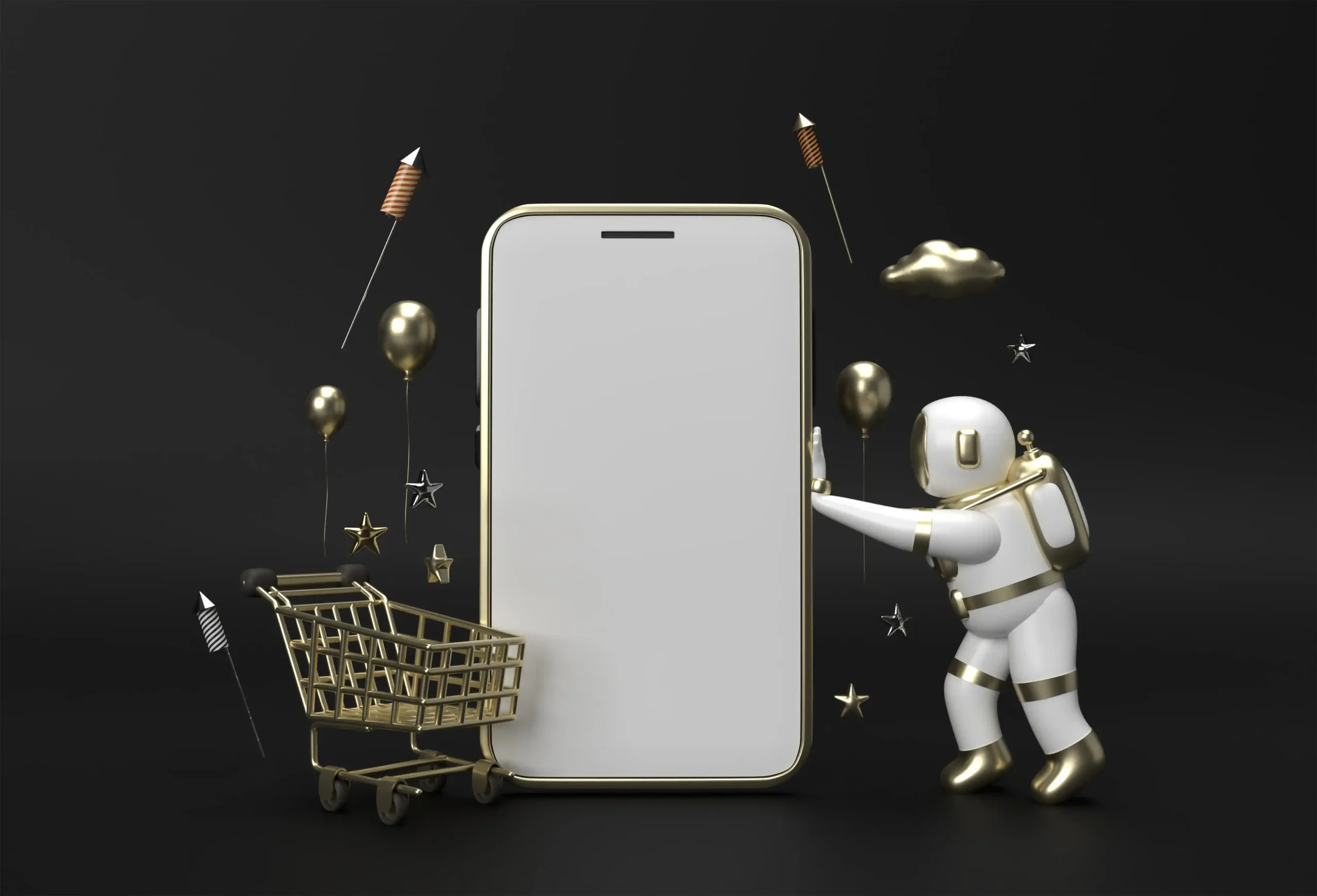 Ilustração de IA no ecommerce com robô, smartphone e carrinho de compras