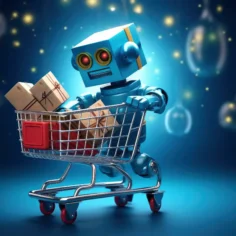 Robô empurrando um carrinho de compras com caixas, representando o uso de IA para marketplace