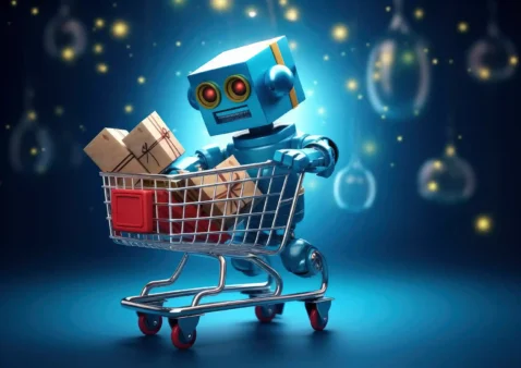 Robô empurrando um carrinho de compras com caixas, representando o uso de IA para marketplace