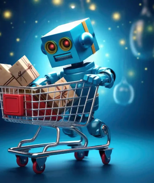 Robô empurrando um carrinho de compras com caixas, representando o uso de IA para marketplace