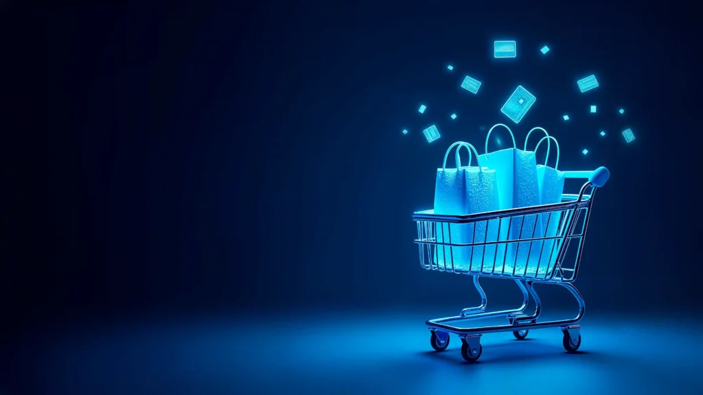 Carrinho de compras com sacolas azuis e elementos digitais flutuando sobre fundo azul-escuro