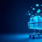 Carrinho de compras com sacolas azuis e elementos digitais flutuando sobre fundo azul-escuro