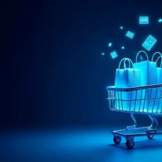 Carrinho de compras com sacolas azuis e elementos digitais flutuando sobre fundo azul-escuro