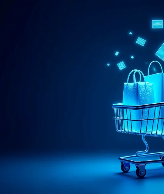Carrinho de compras com sacolas azuis e elementos digitais flutuando sobre fundo azul-escuro