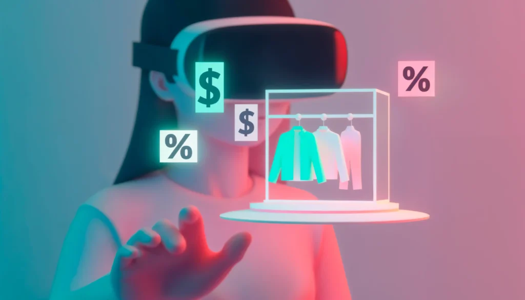 Pessoa usando óculos de realidade virtual diante de uma vitrine digital com roupas, símbolos de dinheiro e porcentagem