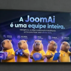 Ilustração do JoomAI com agentes de inteligência artificial representando automação para análise, estratégia e criação de anúncios