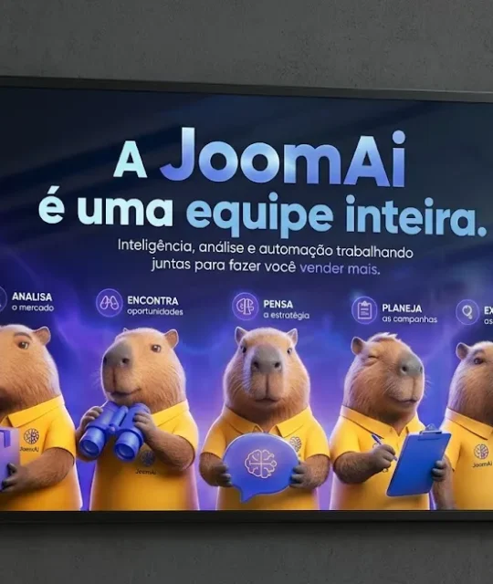 Ilustração do JoomAI com agentes de inteligência artificial representando automação para análise, estratégia e criação de anúncios