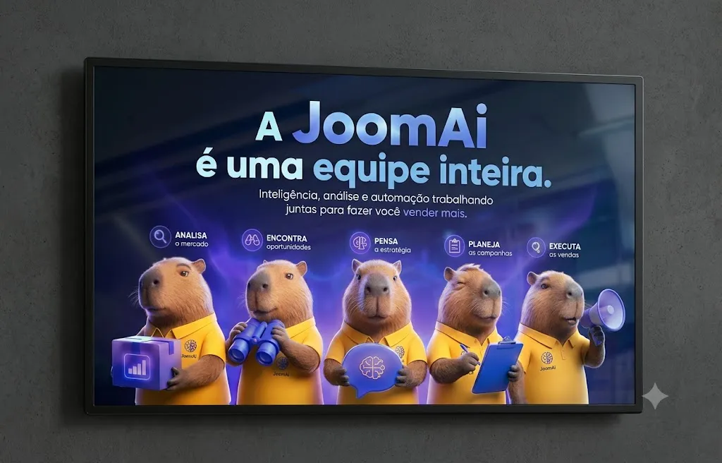 Ilustração do JoomAI com agentes de inteligência artificial representando automação para análise, estratégia e criação de anúncios
