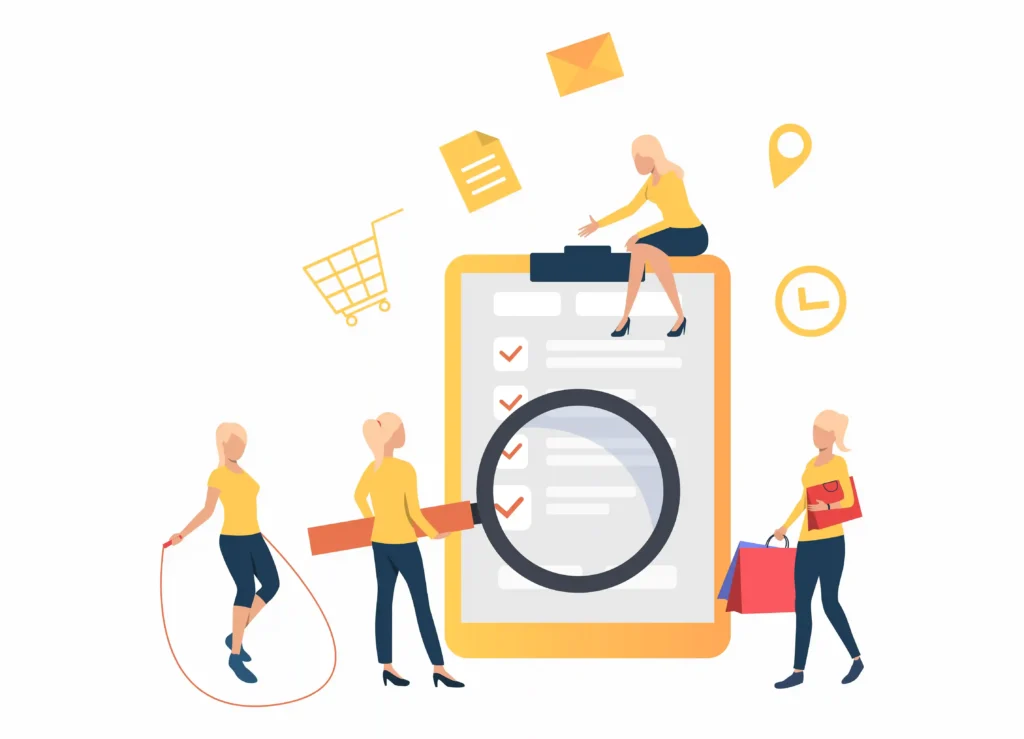 Ilustração de pessoas com lupa e lista de produtos representando pesquisa e análise de produtos Shopee