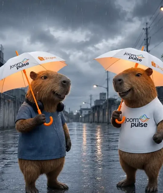 Capivaras com guarda-chuvas da JoomPulse e Shopee representando análise Shopee com dados de mercado