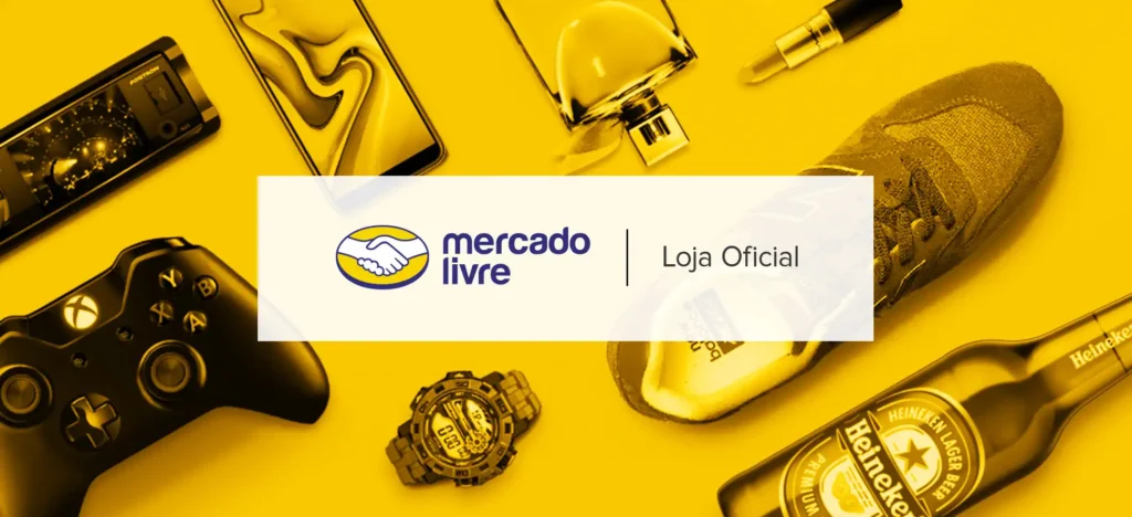 Logo de Loja Oficial Mercado Livre cercado por produtos de grandes marcas