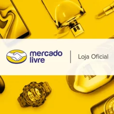 Logo de Loja Oficial Mercado Livre cercado por produtos de grandes marcas