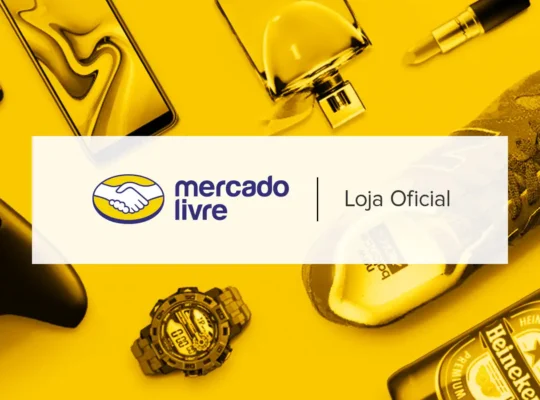 Logo de Loja Oficial Mercado Livre cercado por produtos de grandes marcas