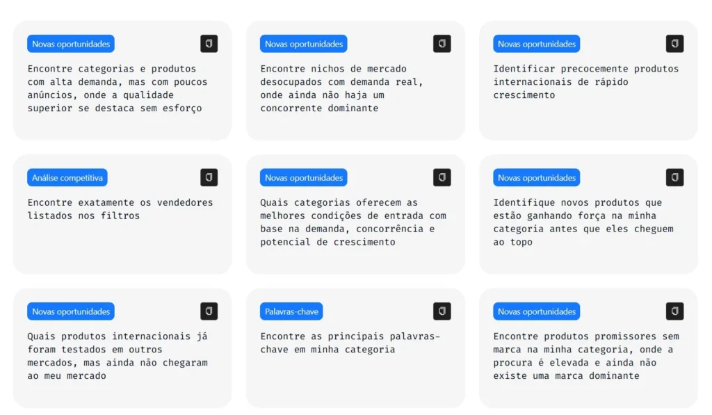 Tela da JoomPulse com sugestões de consultas sobre oportunidades, concorrência e palavras-chave no marketplace
