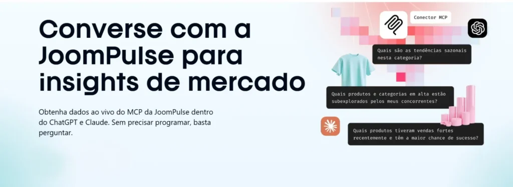 Interface do MCP JoomPulse conectada a ferramentas de inteligência artificial para consultar dados de mercado