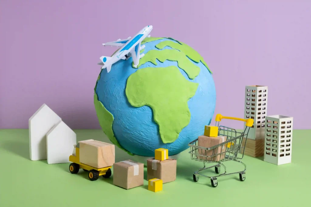 Globo com avião, caixas, caminhão e carrinho de compras representando produtos importados e comércio internacional