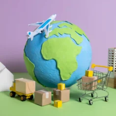 Globo com avião, caixas, caminhão e carrinho de compras representando produtos importados e comércio internacional