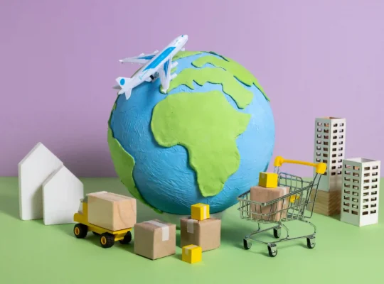 Globo com avião, caixas, caminhão e carrinho de compras representando produtos importados e comércio internacional