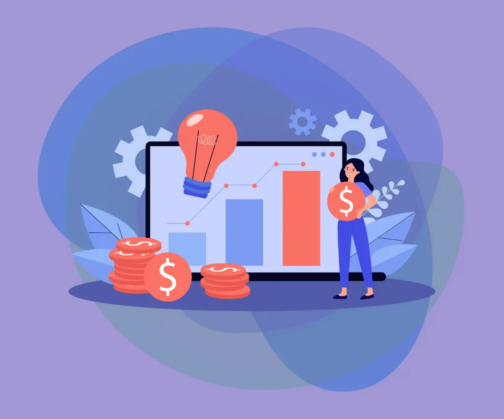 Ilustração de gráfico de preços com moedas e indicadores, representando a automação de preços por repricing inteligente