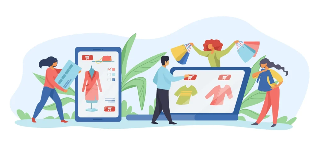 Ilustração de consumidores comprando em loja virtual, representando o funcionamento do retail media marketplace