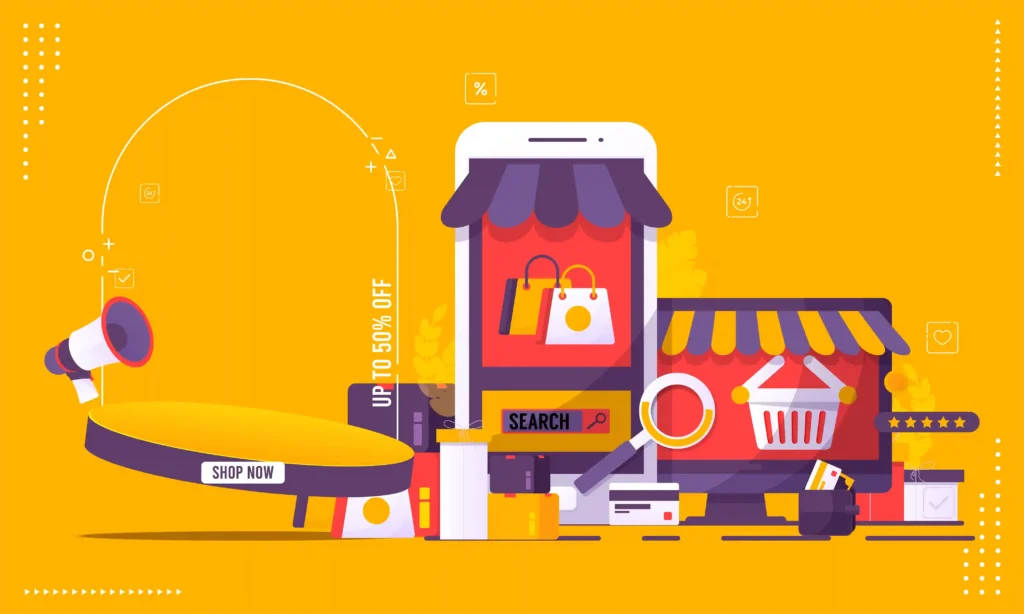 Ilustração de dispositivos exibindo anúncios e loja virtual em estratégia de retail media marketplace