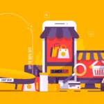 Ilustração de dispositivos exibindo anúncios e loja virtual em estratégia de retail media marketplace