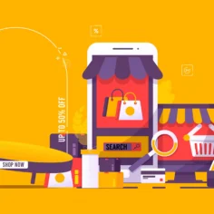 Ilustração de dispositivos exibindo anúncios e loja virtual em estratégia de retail media marketplace