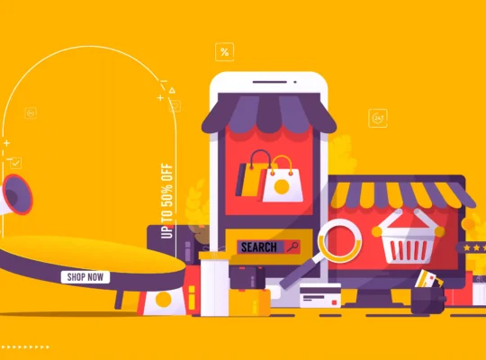 Ilustração de dispositivos exibindo anúncios e loja virtual em estratégia de retail media marketplace