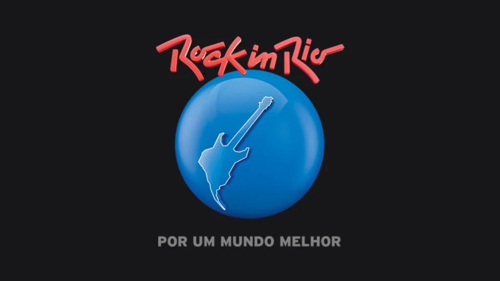 Logo do Rock in Rio com guitarra sobre esfera azul e fundo preto