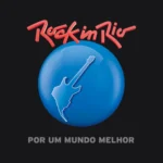 Logo do Rock in Rio com guitarra sobre esfera azul e fundo preto