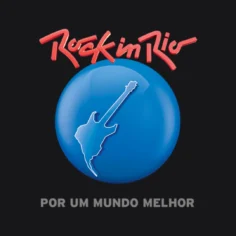 Logo do Rock in Rio com guitarra sobre esfera azul e fundo preto