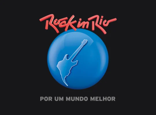 Logo do Rock in Rio com guitarra sobre esfera azul e fundo preto