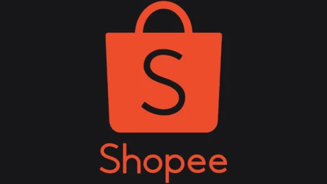 Logo da Shopee com sacola de compras laranja sobre fundo preto