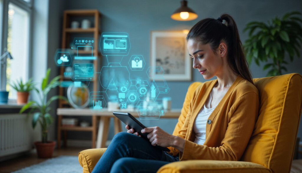 Mulher usando tablet com recursos digitais, representando inteligência artificial para iniciantes no ecommerce