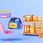 Ilustração de agente de IA ao lado de notebook, caixas de produtos e avaliações de clientes, representando automação de tarefas no e-commerce