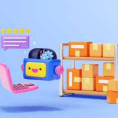 Ilustração de agente de IA ao lado de notebook, caixas de produtos e avaliações de clientes, representando automação de tarefas no e-commerce