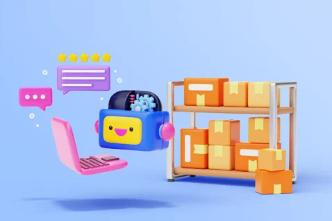 Ilustração de agente de IA ao lado de notebook, caixas de produtos e avaliações de clientes, representando automação de tarefas no e-commerce