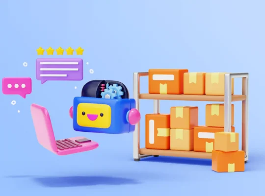 Ilustração de agente de IA ao lado de notebook, caixas de produtos e avaliações de clientes, representando automação de tarefas no e-commerce