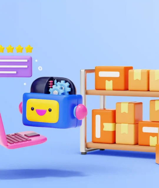 Ilustração de agente de IA ao lado de notebook, caixas de produtos e avaliações de clientes, representando automação de tarefas no e-commerce