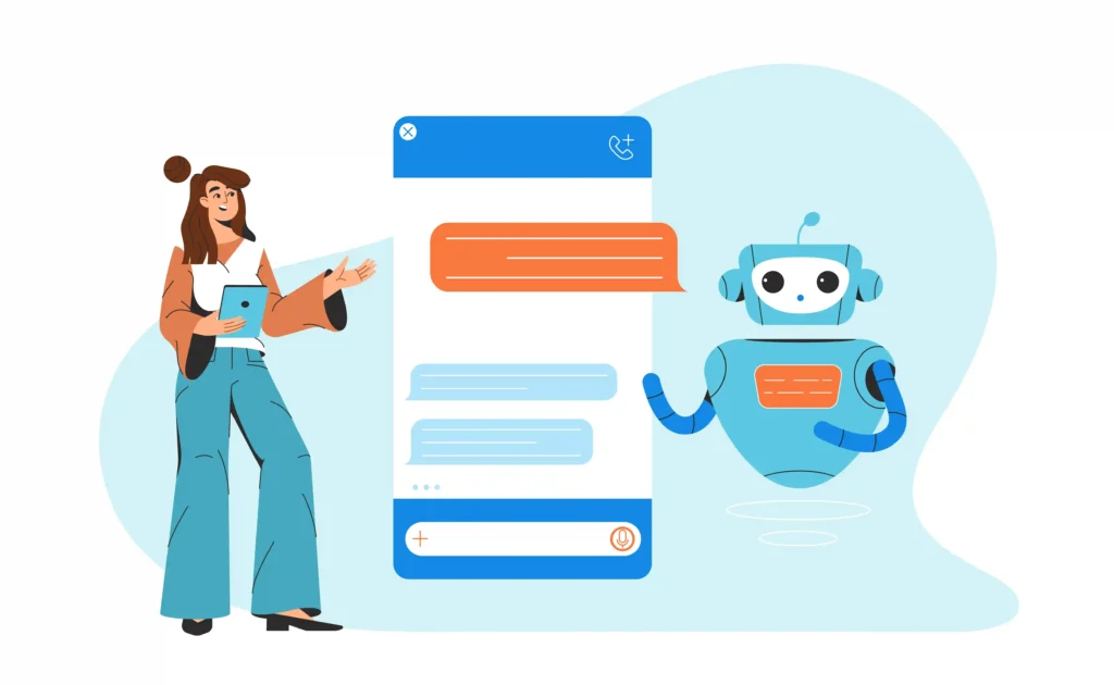 Ilustração de pessoa conversando com assistente de inteligência artificial pelo celular