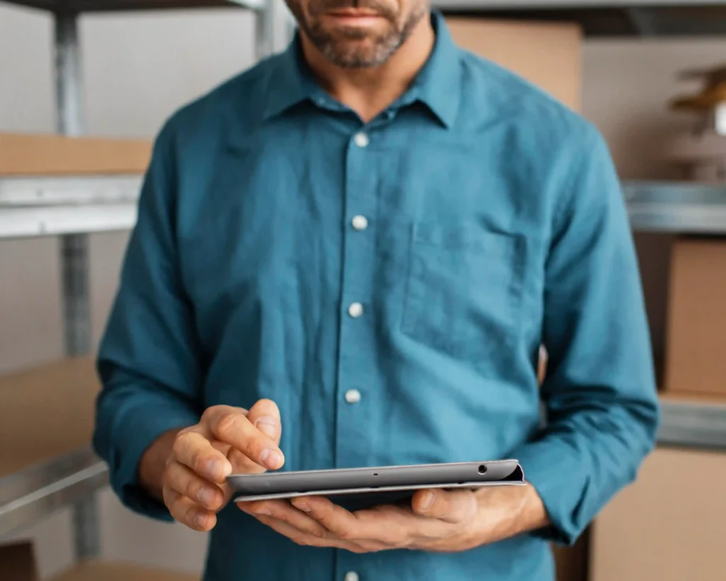 Homem usando tablet em estoque com caixas de produtos ao fundo