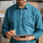 Homem usando tablet em estoque com caixas de produtos ao fundo