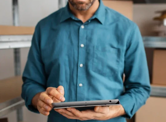 Homem usando tablet em estoque com caixas de produtos ao fundo