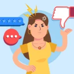 Ilustração de cliente insatisfeita ao lado de uma avaliação negativa com uma estrela e símbolo de desaprovação