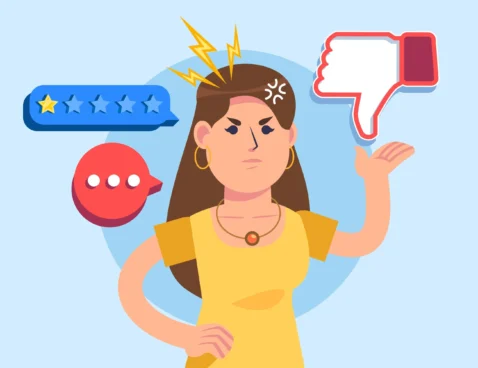 Ilustração de cliente insatisfeita ao lado de uma avaliação negativa com uma estrela e símbolo de desaprovação
