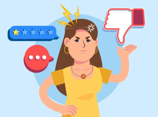 Ilustração de cliente insatisfeita ao lado de uma avaliação negativa com uma estrela e símbolo de desaprovação
