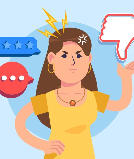 Ilustração de cliente insatisfeita ao lado de uma avaliação negativa com uma estrela e símbolo de desaprovação