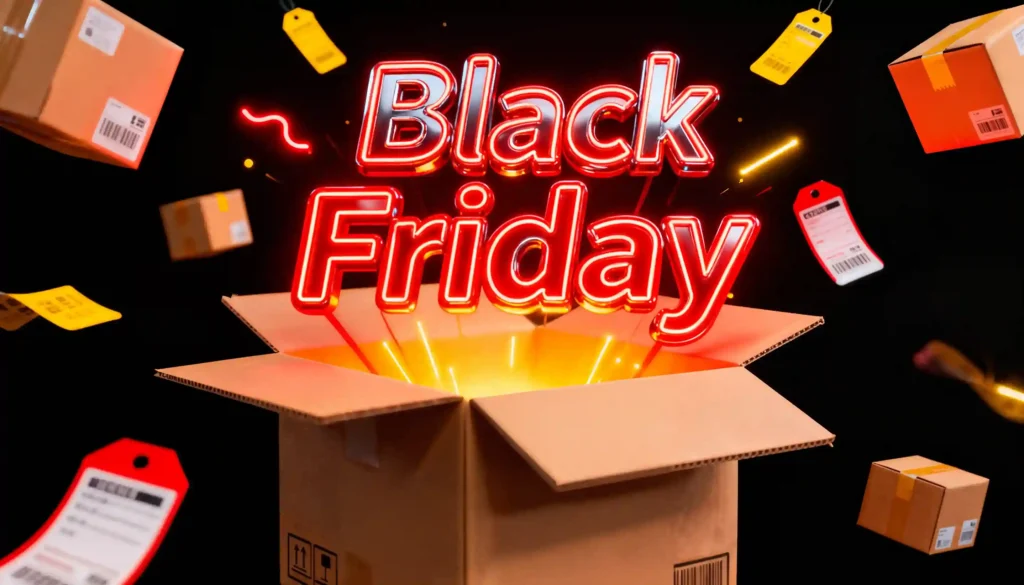 Caixa aberta com a frase Black Friday, embalagens e etiquetas de produtos ao redor